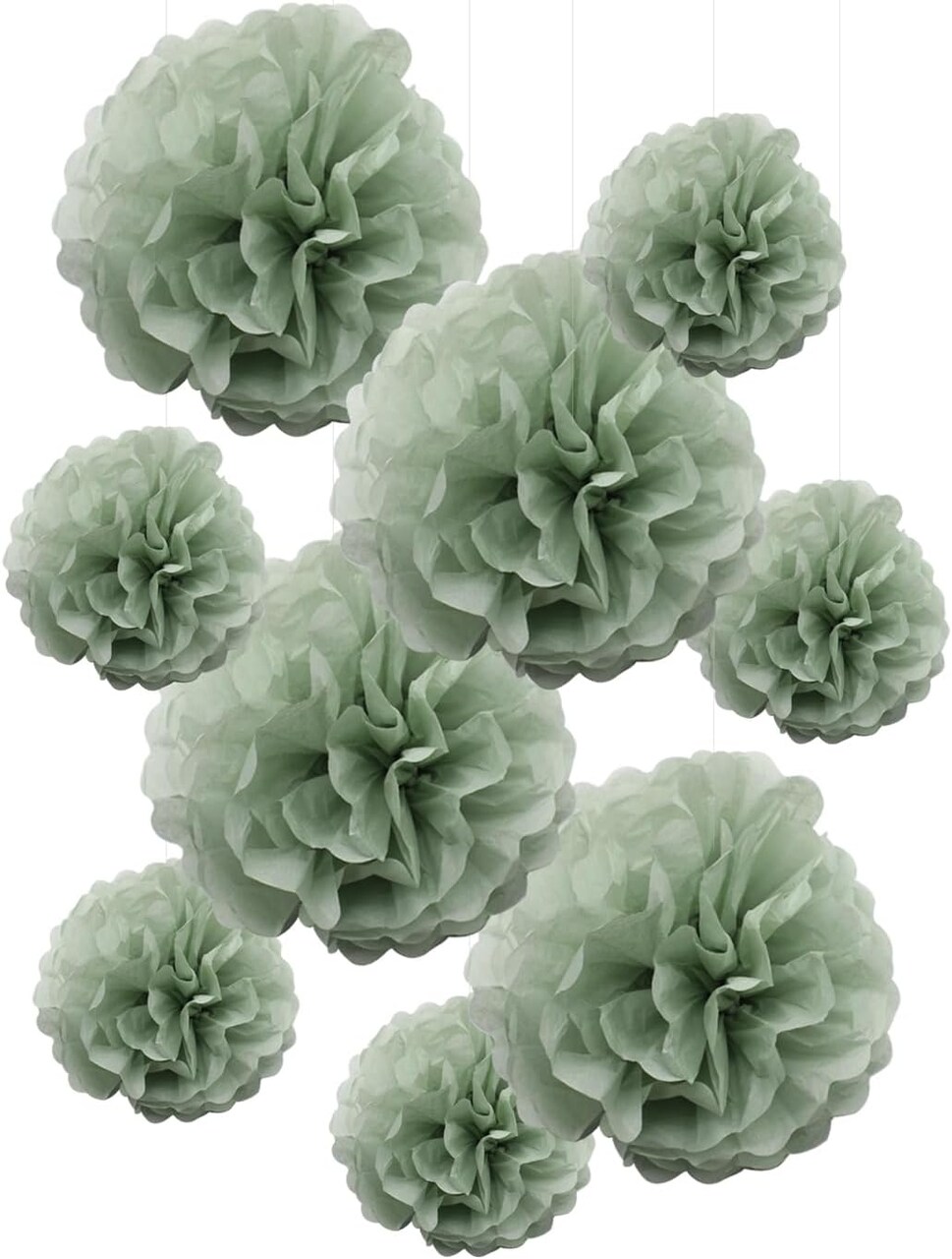 9PCS Dusty Sage Green Tissue Paper Pom Poms Flowers Wall Hanging Backdrop Streamers for Botanical Neutral Baby Shower Wedding Birthday Bridal Shower Nursery Room Garden Décor